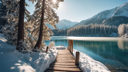 Beautiful winter landscape, lake snowy