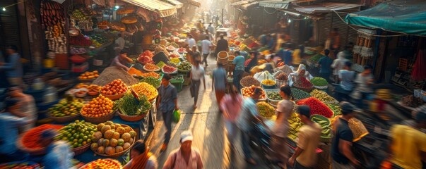 Dynamic Urban Market Vibrant Southeast Asian Street Scene with Colorful Fruits Vegetables and Spices Capturing the Energy and Chaos of a Lively Marketplace