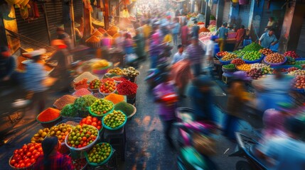 Dynamic Urban Market Vibrant Southeast Asian Street Scene with Colorful Fruits Vegetables and Spices Capturing the Energy and Chaos of a Lively Marketplace