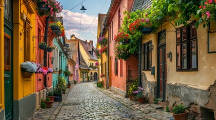 Fototapeta premium Enchanting European Charm Cobblestone Streets and Colorful Buildings in a Historic Town Cultural Heritage and Architectural Beauty Captured in Vibrant Detail