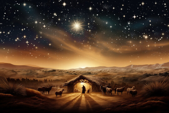 Wooden Stable at Dark Blue Starry Night, Jesus Christ Birth Concept