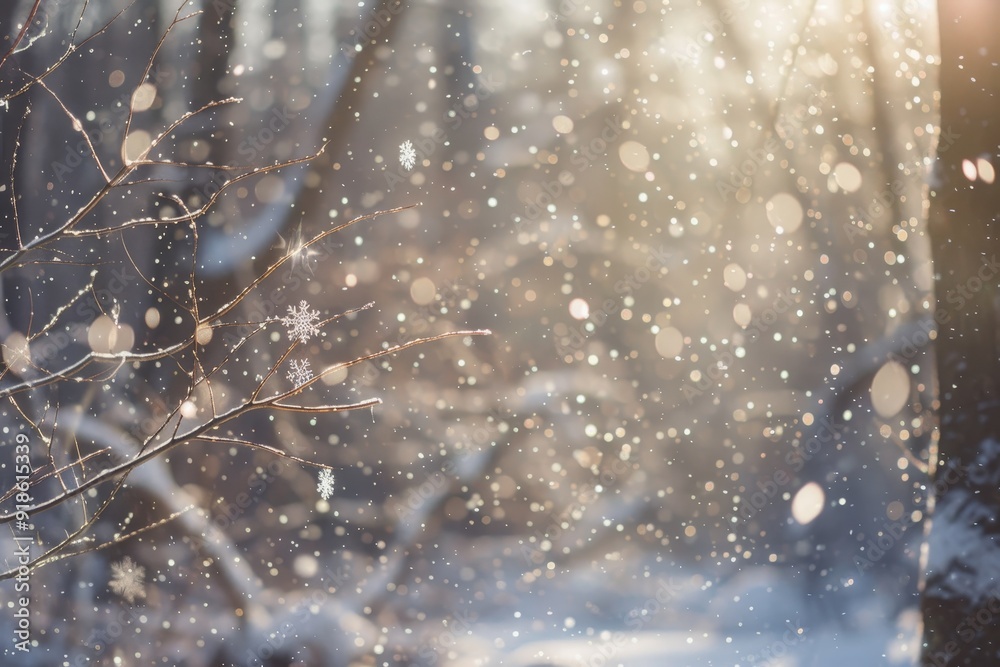 Poster snow covered tree with snowflake in the background, snowflakes delicately falling against transparen