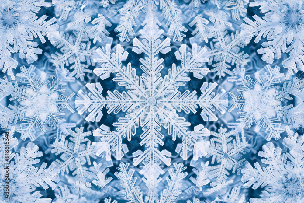 Poster snowflake pattern is shown in blue, Snowflake kaleidoscope Snowflakes arranged in symmetrical and repeating pattern