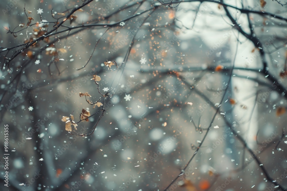 Poster snow covered tree with snowflake in the background, snowflakes delicately falling against transparen