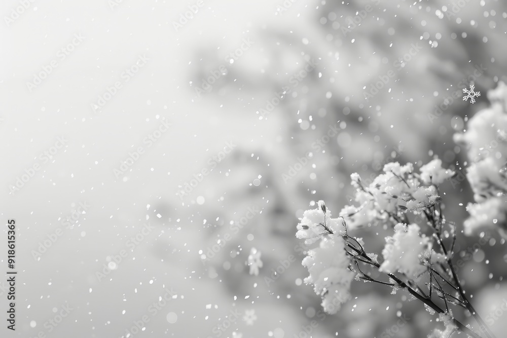Poster snow covered tree with snowflake in the background, snowflakes delicately falling against transparen