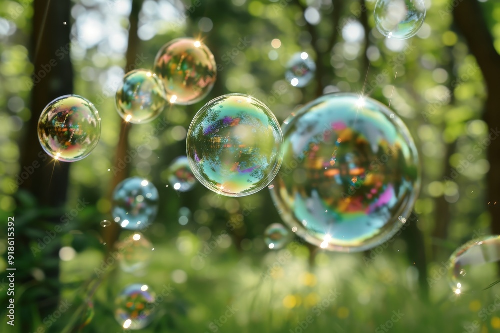 Poster bunch of bubbles floating in the air, soap bubbles iridescent bubbles floating in the air