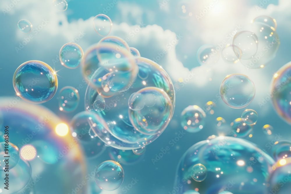 Poster bunch of bubbles floating in the air, soap bubbles iridescent bubbles floating in the air