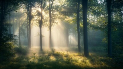 Fototapeta premium Misty Dawn Forest: Stunning Nature Landscape Photography