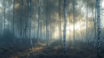 Naklejka premium Misty Forest Dawn: Breathtaking Nature Landscape Photography