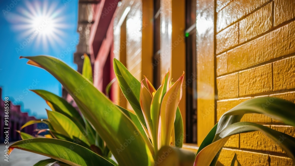 Wall mural A close up of a plant in front of the sun, AI