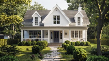 Charming White House with Gable Roof and Front Porch Cozy Suburban Living in Architectural Rendering
