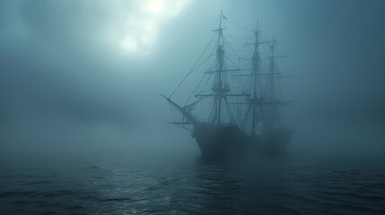 Fototapeta premium An eerie, old sailing ship drifts silently through thick fog on a misty, ominous ocean, evoking mystery and fear.