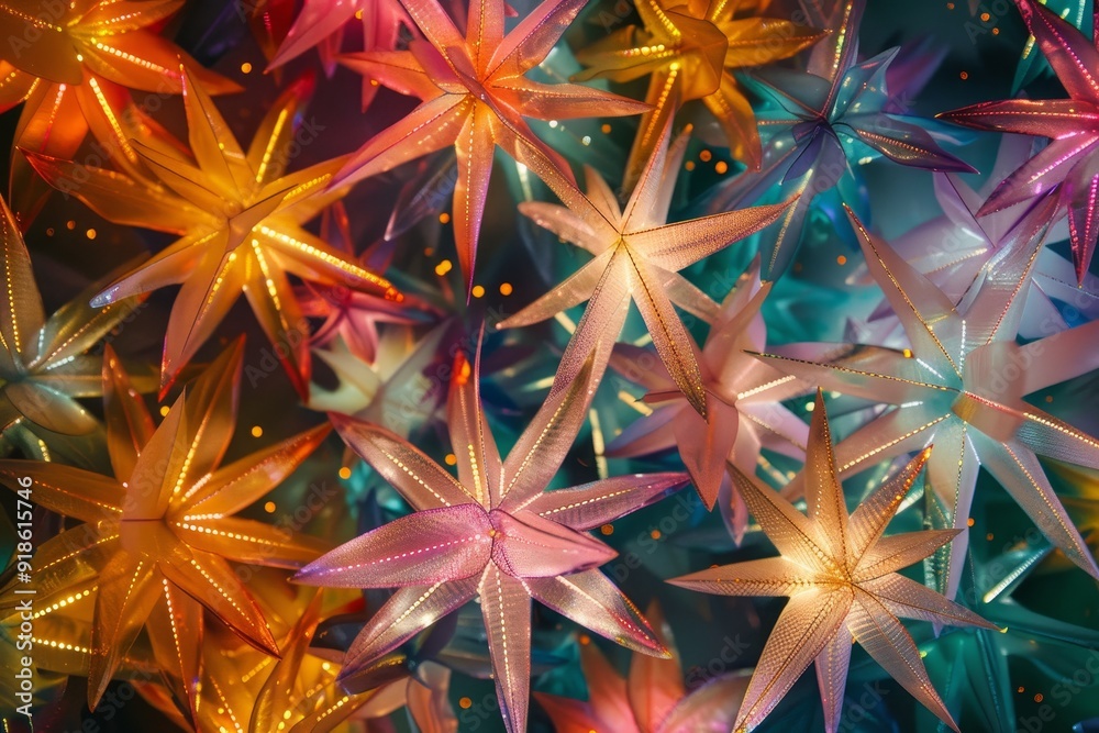 Poster painting of colorful stars on colorful background, starbursts exploding stars in variety of colors a