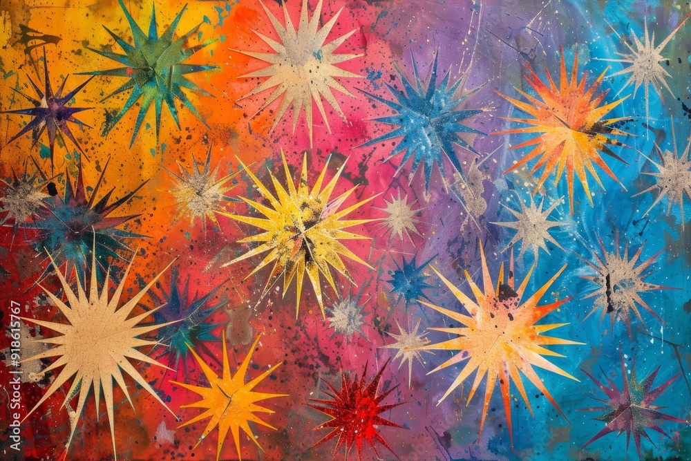Poster painting of colorful stars on colorful background, starbursts exploding stars in variety of colors a