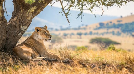 Regal Lioness Majestic Predator Resting Under African Acacia Tree in Savanna Wilderness