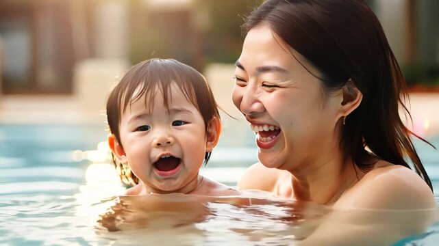 Asian mother and baby son smiling joyful play together at swimming pool 