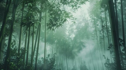 Obraz premium Mystical Bamboo Forest Tranquil Morning Mist and Enchanting Serenity