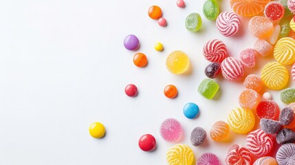 A variety of colorful candies arranged on a white surface, scattered along the right side of the frame, leaving space on the left side.