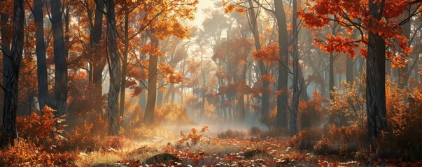 Gilded Tranquility Enchanting Autumn Forest Scene with Golden Leaves Serene Mist and Warm Sunlight