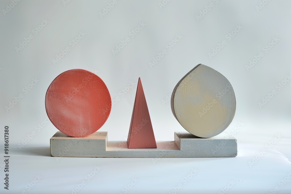 Fototapete 3D geometric shapes with minimal background, a circle, a triangle, and a square, floating on a white canvas