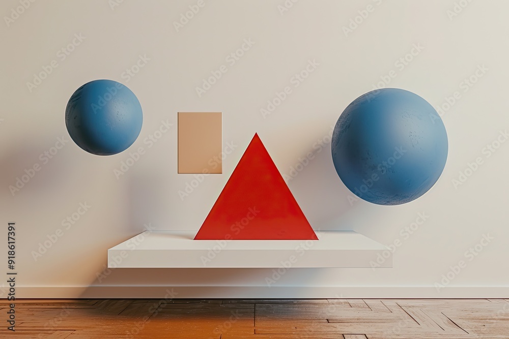 Poster 3D geometric shapes with minimal background, a circle, a triangle, and a square, floating on a white canvas