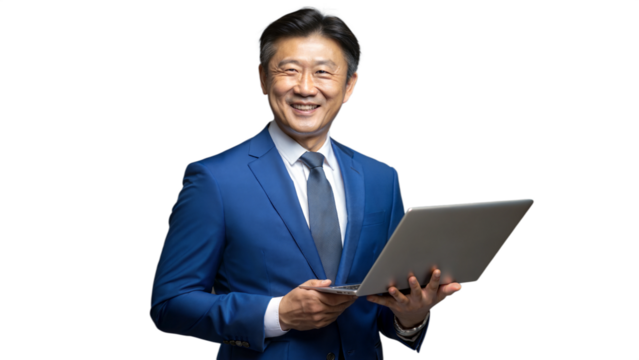 Happy East Asian businessman with tablet, engaging in casual business setting