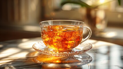 Elegant glass cup of tea in sunlight - generative ai