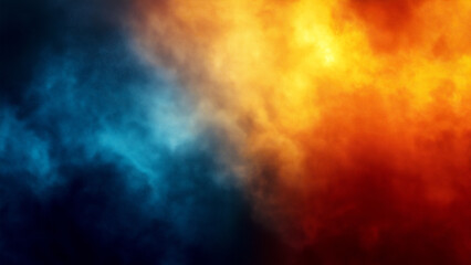 Background of swirling smoke and fog in red, yellow, orange, blue colors. Abstract, cinematic, atmospheric.
