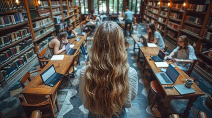 Obraz premium A young woman with long blonde hair and wearing an elegant sweater is studying at a table surrounded by other students