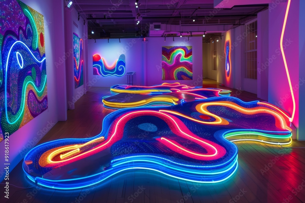 Poster undulating waves of electric neon lights forming dazzling abstract pattern