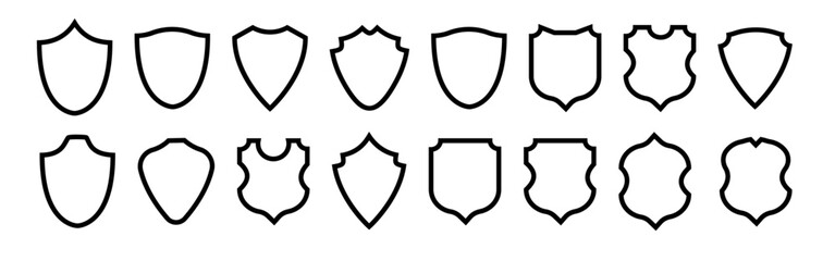 Shield frame set. Collection shield signs. Empty outline icons. Vector