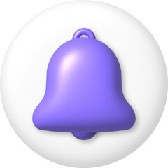 3d icon. Purple bell on white button. PNG illustration.