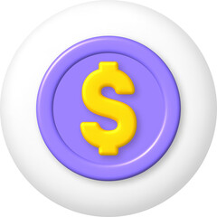 Obraz premium 3d icon. Purple and gold dollar coin on white button. PNG illustration.