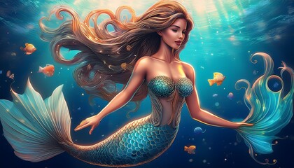 Mythical Creature, a beautiful mermaid in the ocean with detailed, imaginative designs