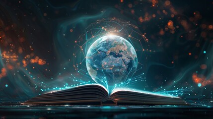 Global Knowledge Illuminated Holographic Globe Emerges from Digital Book in Futuristic Landscape