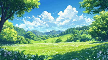 Naklejka premium A blue sky with white clouds, a grassy meadow