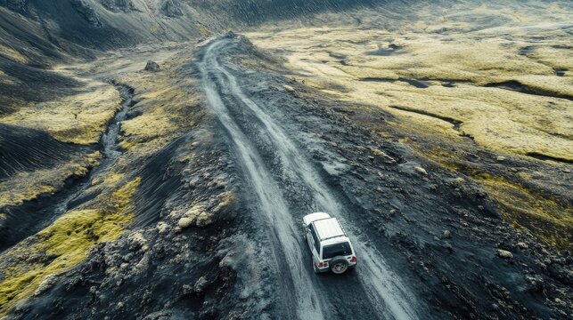 A white SUV drives along a winding dirt road through a desolate, rocky landscape with patches of bright green moss.