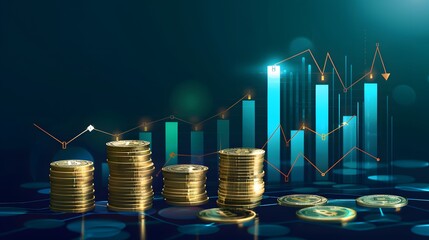  Stacked bitcoins with digital trading analysis graphs