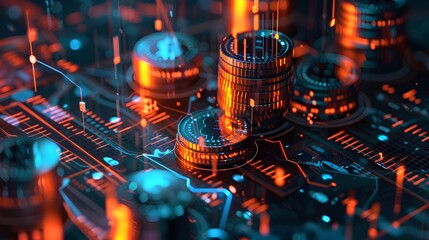 Close-up of a glowing digital Bitcoin symbol with futuristic circuitry background