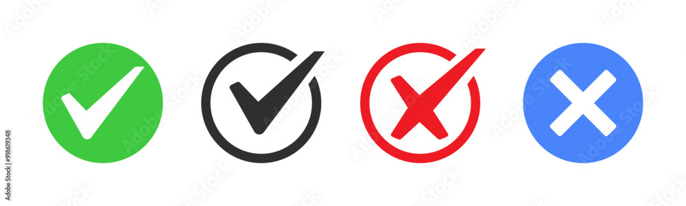 Poster tick mark icon button set check box correct right wrong buttons or yes or no checkmark red cross gre