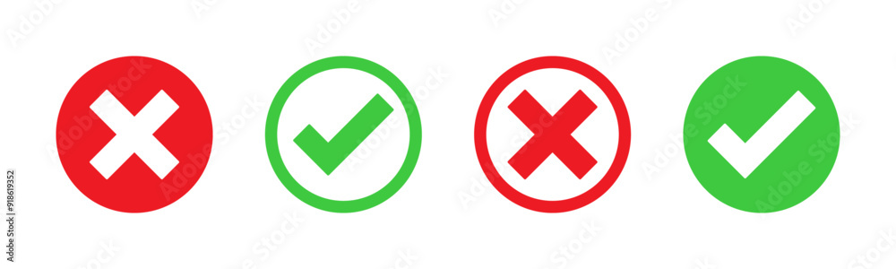 Poster tick mark icon button set check box correct right wrong buttons or yes or no checkmark red cross gre