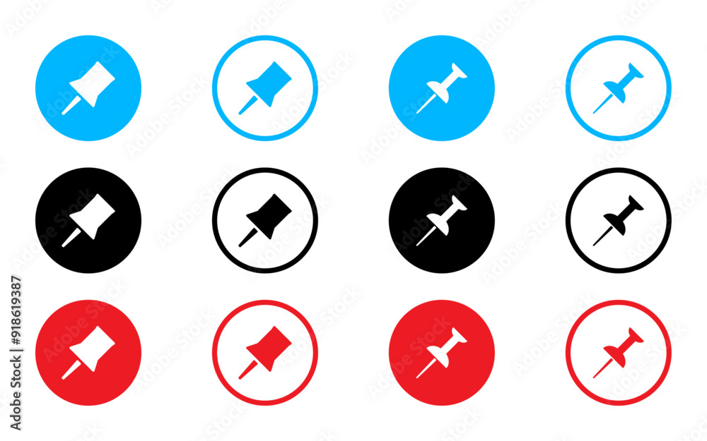 Poster pin icon set paper push pin vector icons document file note attachment education marker pointer draw
