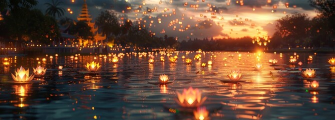 Obraz premium Enchanting Serenity Illuminated Krathongs at Thai Festival of Lights