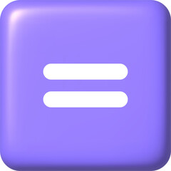 3d icon. Arithmetic sign equal to on purple button. PNG illustration.