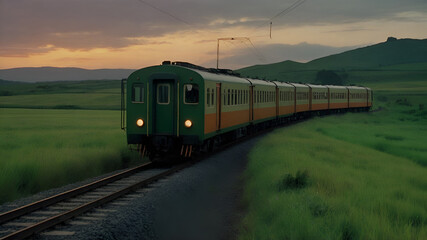 Fototapeta premium train against a lush landscape with sunset and gathering storm clouds