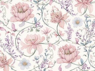 Dekokissen Seamless pattern with watercolor flowers. Peonies, anemone, citrus and roses. Illustration
