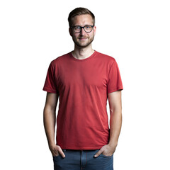 Fototapeta premium Casual young Caucasian man in a red tshirt, smiling and standing relaxed