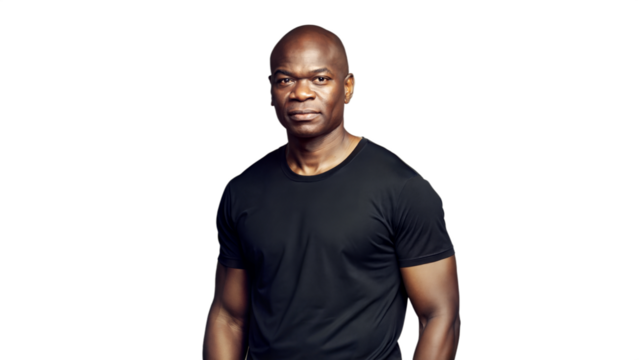 Middleaged Black man in a black tshirt, looking serious and strong