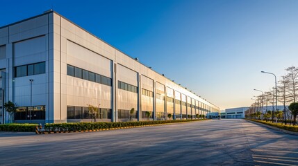 Efficient Logistics Hub Spacious Loading Docks under Clear Blue Skies Professional Warehouse Facility Ready for Operations