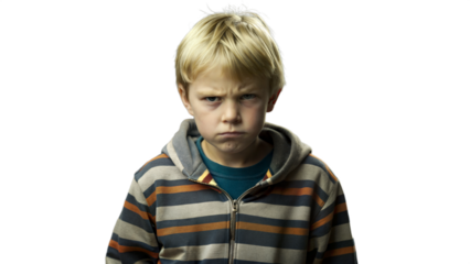 Serious young boy in striped hoodie, looking contemplative and slightly upset